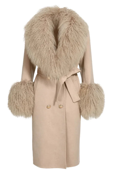 Beige wool and cashmere coat with fur trim on a white background